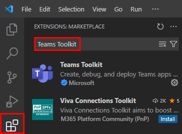 Teams Toolkit の検索と結果を示すスクリーンショット。